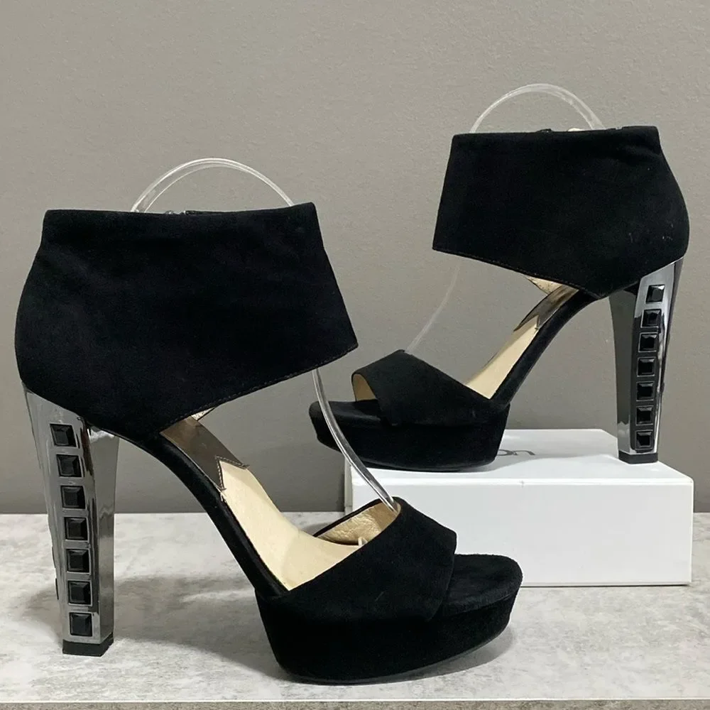Michael Kors Black Leather Suede Cuff Ankle Unique Heels Size 8.5